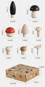 Detailed dimensions for the wooden mushroom toy set and eco-friendly packaging box
