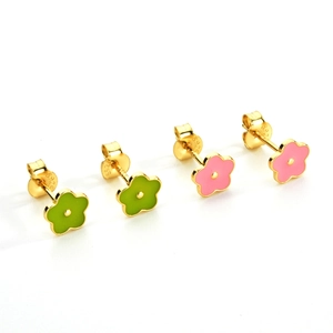 S925 sterling silver flower stud earrings in pink and green enamel floral designs