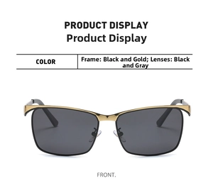 Detail view of polarized sunglasses with black-gold metal frame and dark grey lenses