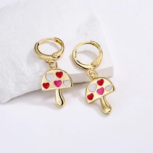Chic 18K gold-plated mushroom drop earrings with colorful enamel hearts in a pair
