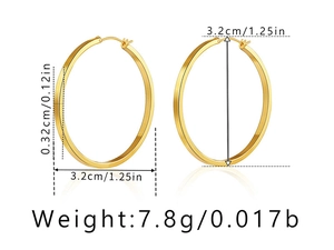 Detailed dimensions of gold hoop earrings showing 3.2cm diameter and 0.32cm thickness