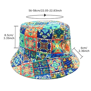Bohemian sunflower reversible bucket hat with colorful tile pattern and dimensions