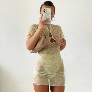 Yellow White Marble Print Mesh Mini Dress Short Sleeve Hollow Out Bodycon Slim Fit Sexy Party Clubwear For Women