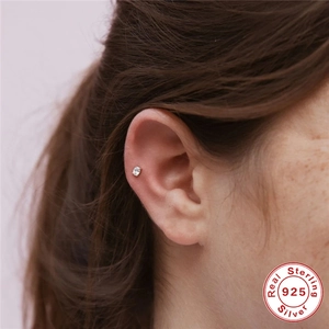 Polished 925 sterling silver cartilage stud earring with a single cubic zirconia stone