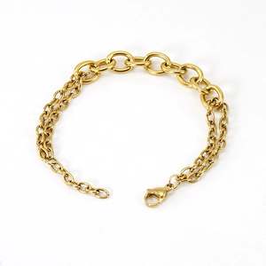 Polished 18K gold plated stainless steel bracelet with chunky oval links and dual chains