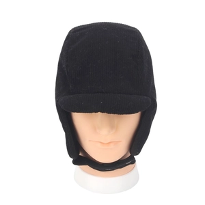 Detail of black corduroy earflap hat for kids showing texture and chin strap buckle