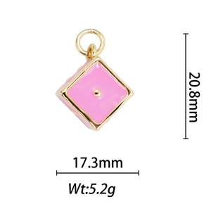 Pink diamond-shaped 18k gold plated pendant with size labels 20.8mm by 17.3mm