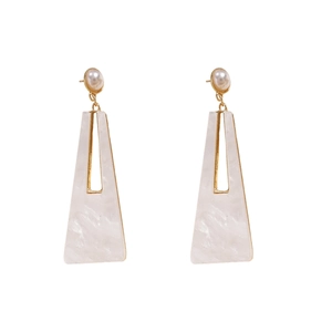 Elegant acrylic pearl drop earrings with marbled trapezoid design and golden frame