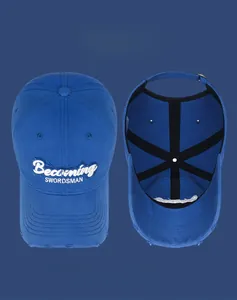 Close-up of distressed blue cotton golf cap with Becoming SWORDSMAN embroidery and internal structure