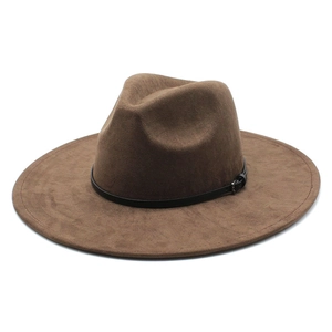 Classic dark brown wide brim fedora hat with black leather strap and metal buckle