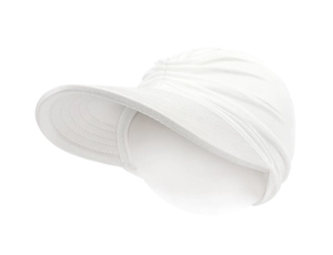 Close-up of white sun hat showing fine stitching details and breathable knit texture