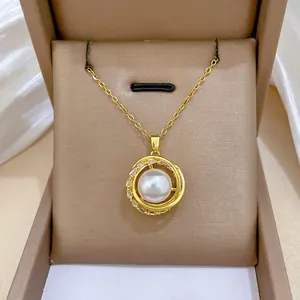 Rotating Bird Nest Artificial Pearl Pendant Necklace Stainless Steel Copper Zirconia Elegant Luxury Jewelry For Women Gold Tone