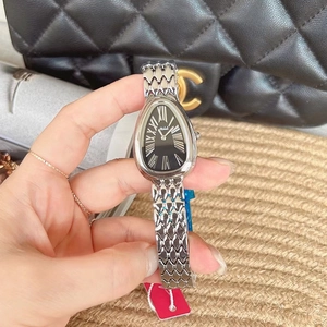 Close-up of a silver snake-head watch with a black dial and roman numeral markers