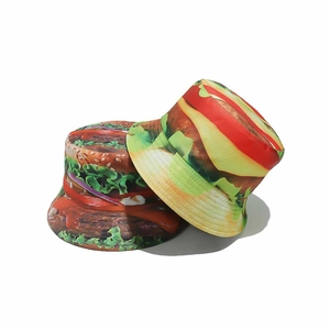 Unisex burger pattern bucket hat with realistic digital print and double-sided design