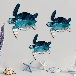 Set di 3 decorazioni da parete in legno a forma di tartaruga marina stile oceano