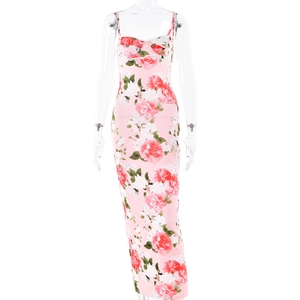 Elegant floral print slip dress with red roses and sexy V-neck split hem design