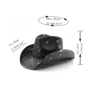 Detailed size chart of black camouflage western cowboy hat with brim and crown dimensions