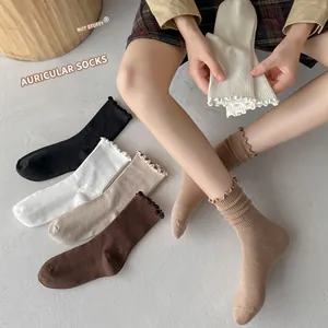 Women's autumn cotton crew socks with ruffled cuffs in five assorted earthy neutral colors