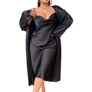 Elegant plus size black satin loungewear set with V-neck slip dress and long robe