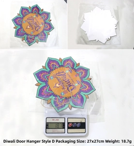 Detail of Happy Diwali Mandala door sign with jute rope and 27x27cm size measurement