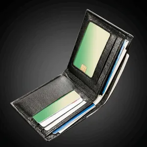 Close-up of black litchi pattern leather wallet with multiple card slots and ID window