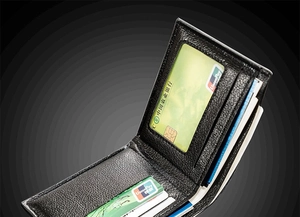 Close-up of black litchi pattern leather wallet with multiple card slots and ID window
