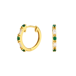 Detail of gold hoop earrings with green round and clear rectangular gemstones