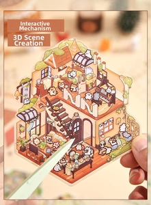 Detail of 3D layered miniature house stickers featuring cute cats and rabbits with tweezers