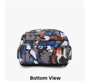 Detailed bottom view of the camo backpack featuring durable wear-resistant base layer