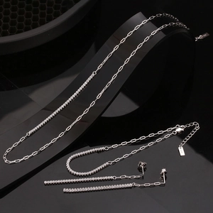 Adjustable S925 sterling silver jewelry set with sparkling 4A zircon rectangular links