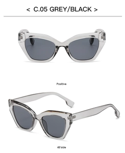 Front and 45-degree side views of modern cat-eye sunglasses with grey frames and dark lenses