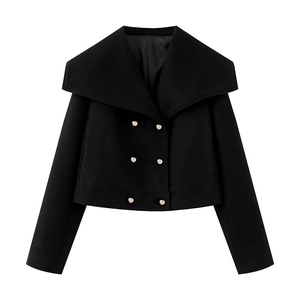 Short black wool blend jacket with wide lapels and golden double-breasted buttons