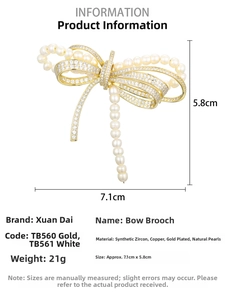 Detail of bowknot brooch with cubic zirconia and natural pearls including size measurements