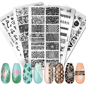 Detail showing nail stamping plates with animal patterns and finished nail art results