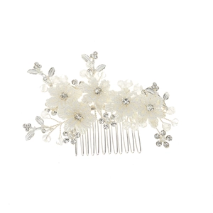 Elegant bridal hair comb with white handmade flowers, crystal beads and silver rhinestones