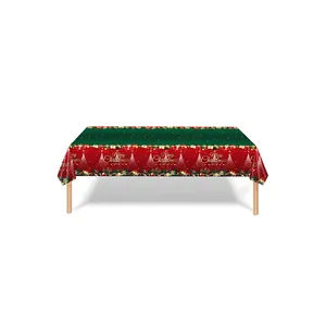 Waterproof Merry Christmas snowflake tablecloth with green top and red festive border