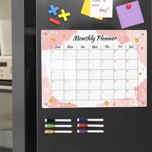 Detailed view of pink watercolor monthly planner board on fridge with 6 colored markers