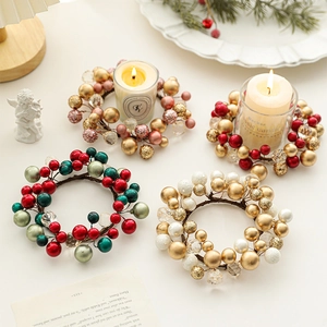 Set of 13cm Christmas candle rings with berries and beads for holiday table decor