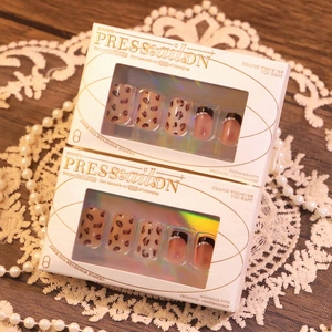30pcs leopard print and French black press-on nails with pearls in white window boxes