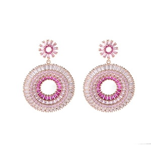 Pink gradient zircon round hoop earrings with sunburst stud in rose gold plating
