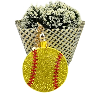 Sparkling rhinestone baseball keychain with yellow leather tassel and golden metal chain