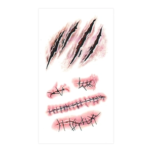 Realistic Halloween horror tattoo stickers with bloody stitched wounds and claw marks patterns