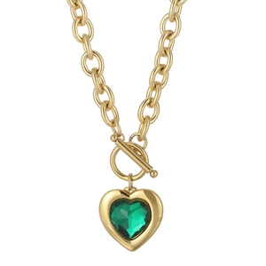 Collier Pendentif Coeur En Acier Inoxidable Avec Verre Cristal Grosse Chaîne À Maillons Fermoir À Bascule Pour Femme