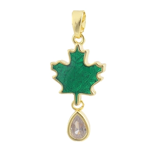 Detail of 18K gold-plated maple leaf charm with green enamel and teardrop zircon stone