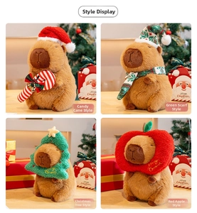 Detailed view of four capybara plush toy styles with Christmas hats, scarves and tree outfits