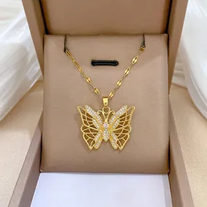 Hollow Butterfly Pendant Necklace Titanium Steel Chain With Zircon Inlaid Gold Plated Copper Elegant Jewelry For Women
