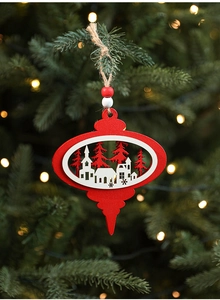 Detail of red and white wooden Christmas ornament with Nordic village laser cut patterns