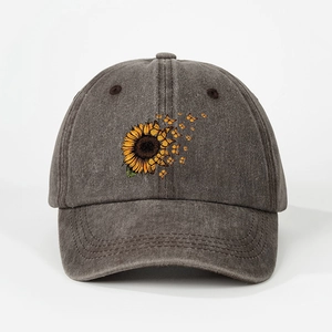 Vintage washed charcoal baseball cap with sunflower and butterfly print for casual wear