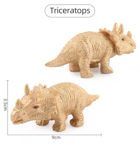 Detail view of gold Triceratops figurine showing side profiles and exact dimensions