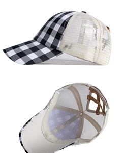 Detail of checkered ponytail baseball cap with breathable mesh and elastic crisscross bands